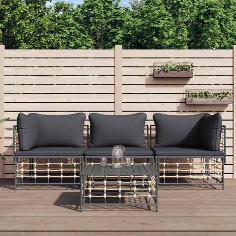 4-tlg. Garten-Lounge-Set mit Kissen Anthrazit Poly Rattan