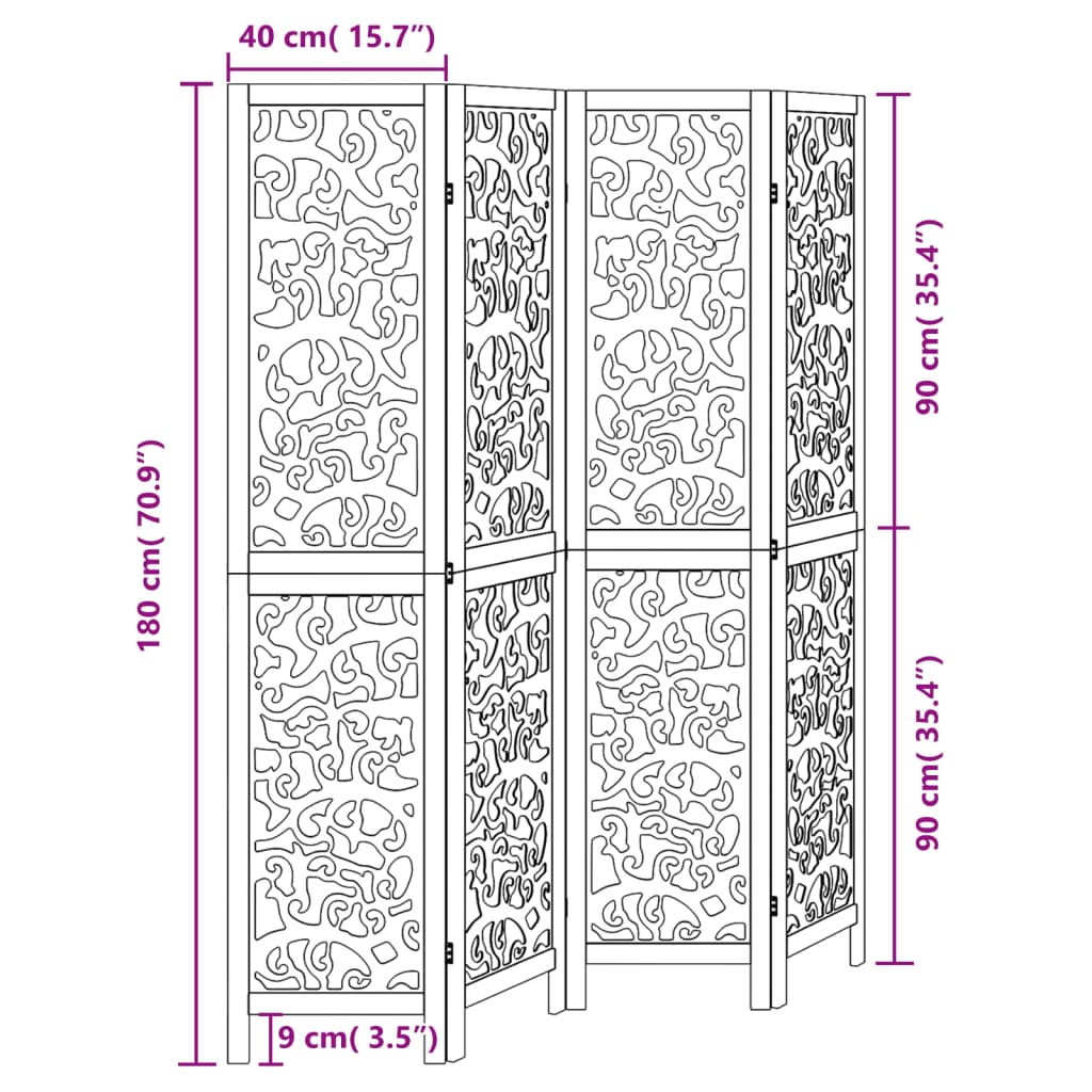 4-tlg. Paravent Schwarz Massivholz Paulownia