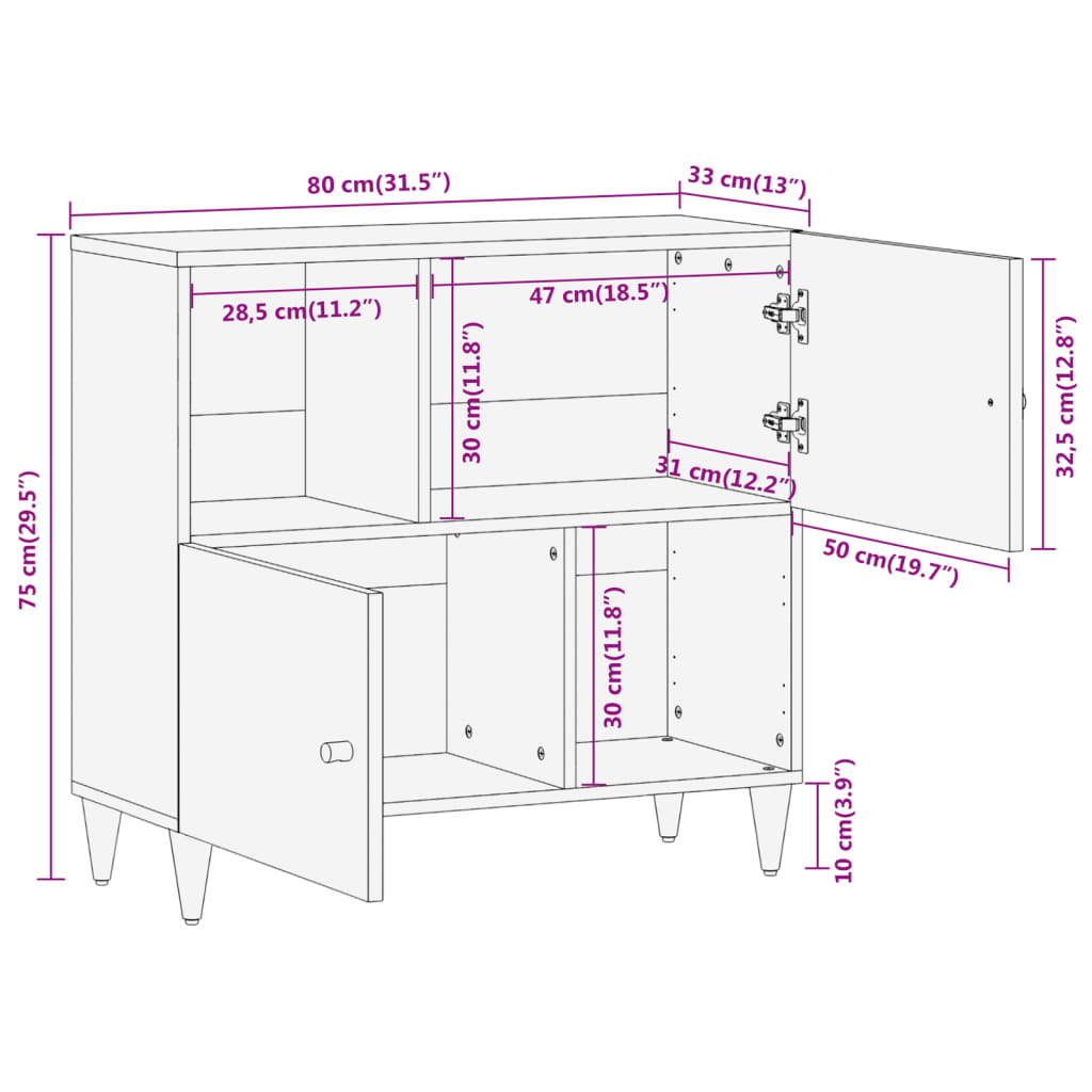 Beistellschrank 80x33x75 cm Massivholz Mango