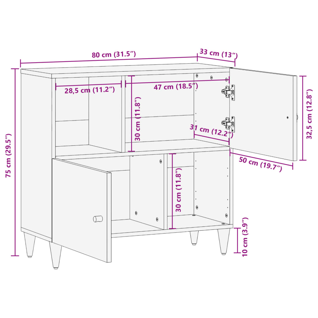 Beistellschrank 80x33x75 cm Massivholz Mango