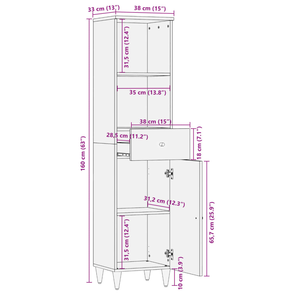 Badschrank 38x33x160 cm Massivholz Mango