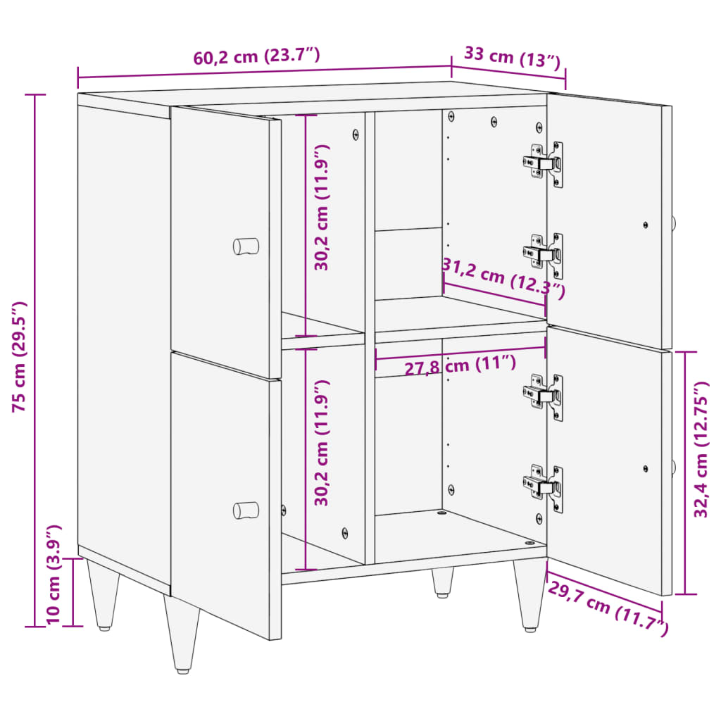 Beistellschrank 60x33x75 cm Massivholz Mango