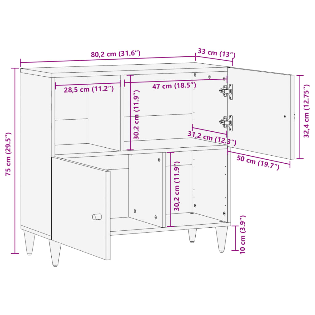 Beistellschrank 80x33x75 cm Massivholz Mango