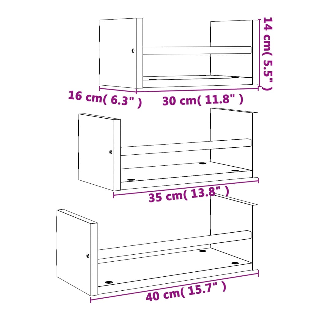 3-tlg. Wandregal-Set mit Stangen Braun Eiche Holzwerkstoff