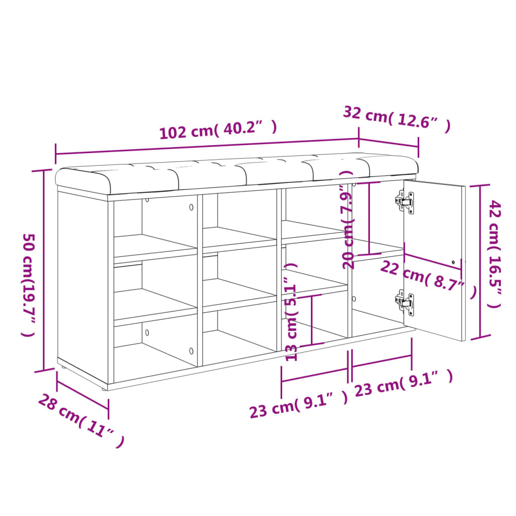 Schuhbank Sonoma-Eiche 102x32x50 cm Holzwerkstoff