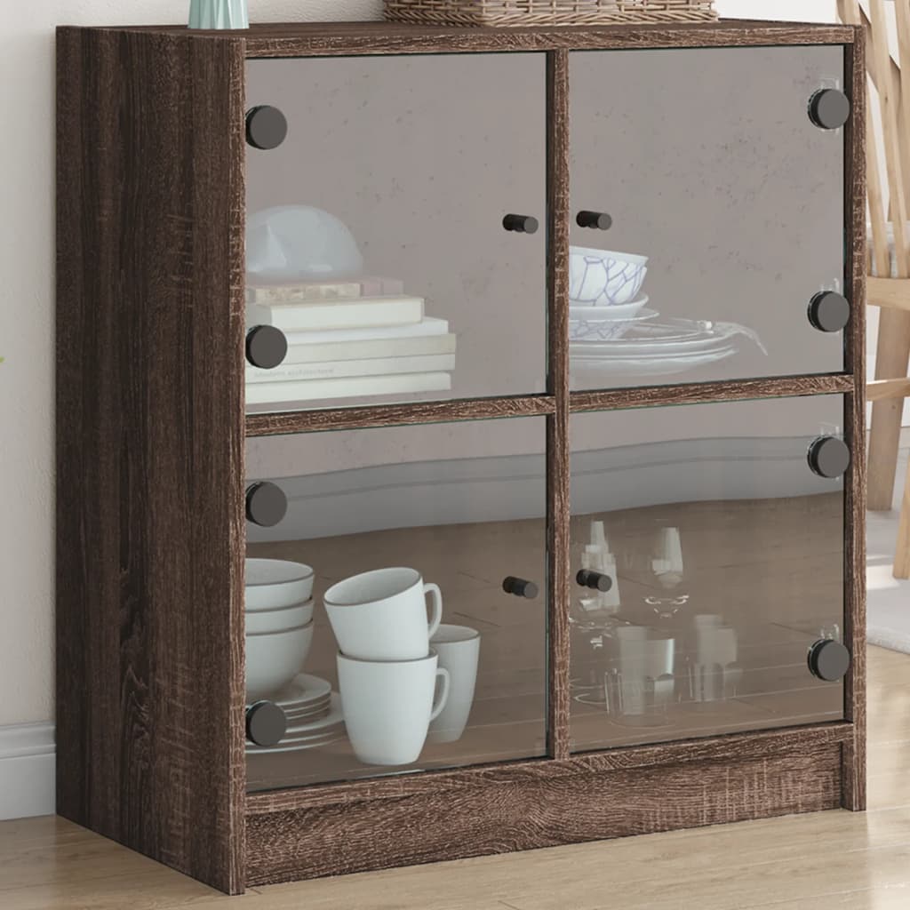 Beistellschrank mit Glastüren Braun Eichen-Optik 68x37x75,5 cm