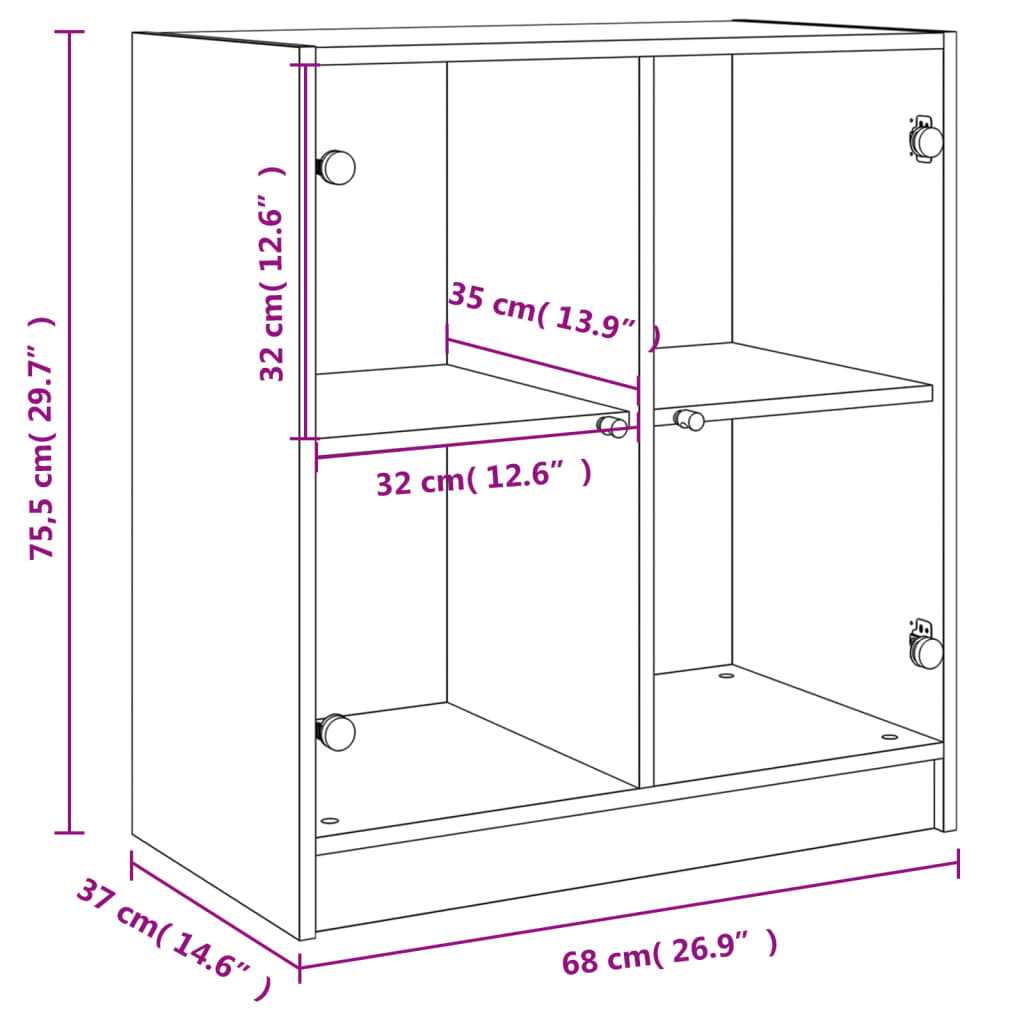 Beistellschrank mit Glastüren Weiß 68x37x75,5 cm