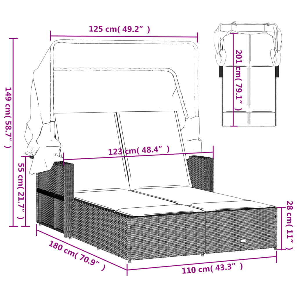 Doppel-Sonnenliege mit Dach und Auflagen Braun Poly Rattan