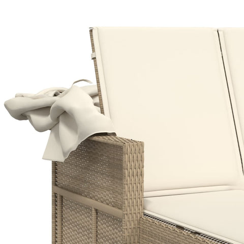 Doppel-Sonnenliege mit Dach und Auflagen Beige Poly Rattan