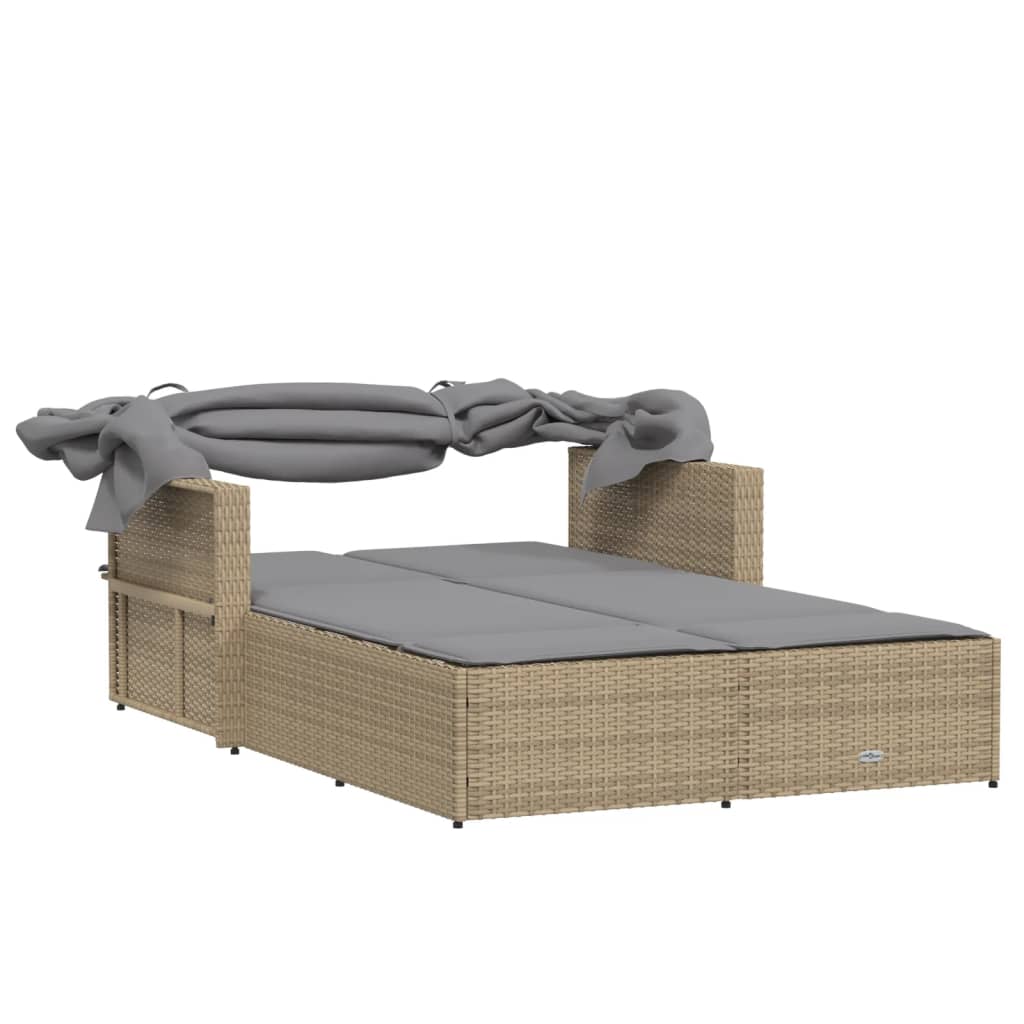 Doppel-Sonnenliege mit Dach und Auflagen Beige Poly Rattan