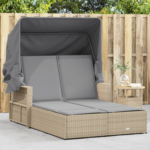 Doppel-Sonnenliege mit Dach und Auflagen Beige Poly Rattan