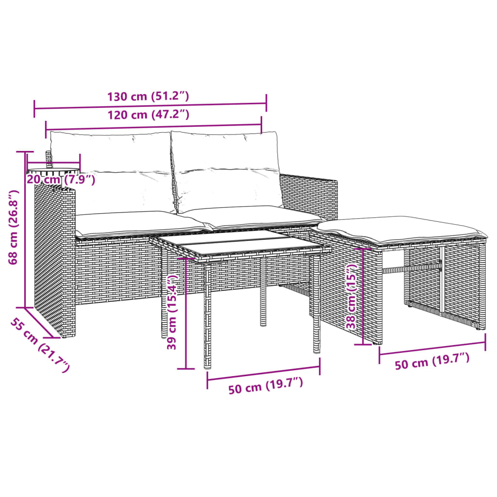 3-tlg. Garten-Sofagarnitur mit Kissen Schwarz Poly Rattan