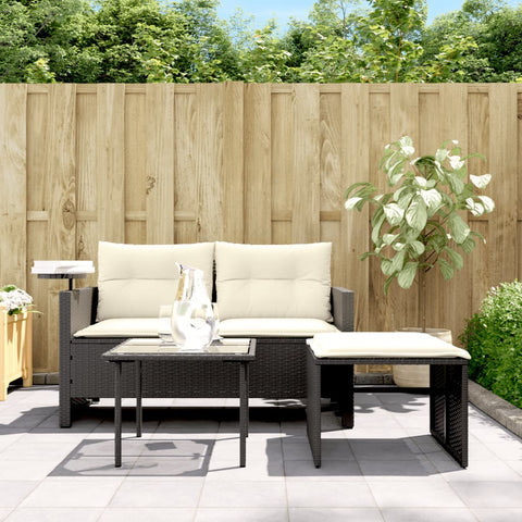 3-tlg. Garten-Sofagarnitur mit Kissen Schwarz Poly Rattan