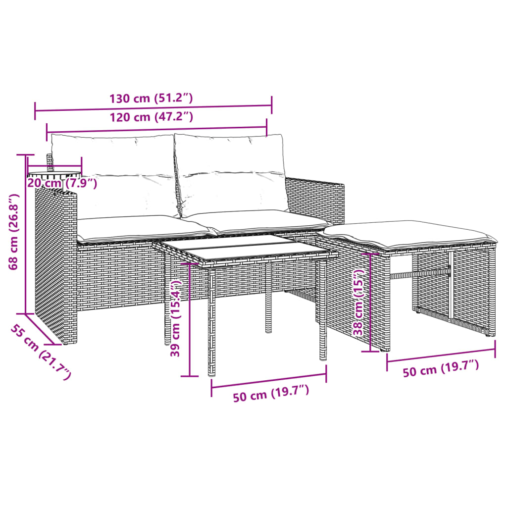 3-tlg. Garten-Sofagarnitur mit Kissen Braun Poly Rattan