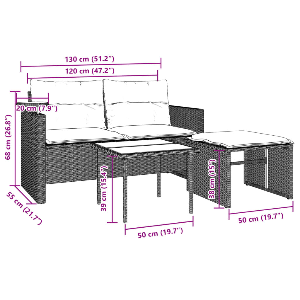 3-tlg. Garten-Sofagarnitur mit Kissen Hellgrau Poly Rattan