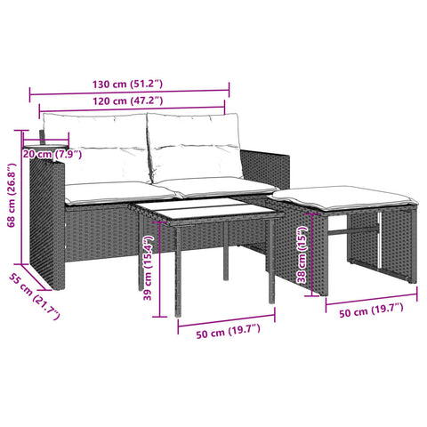 3-tlg. Garten-Sofagarnitur mit Kissen Hellgrau Poly Rattan