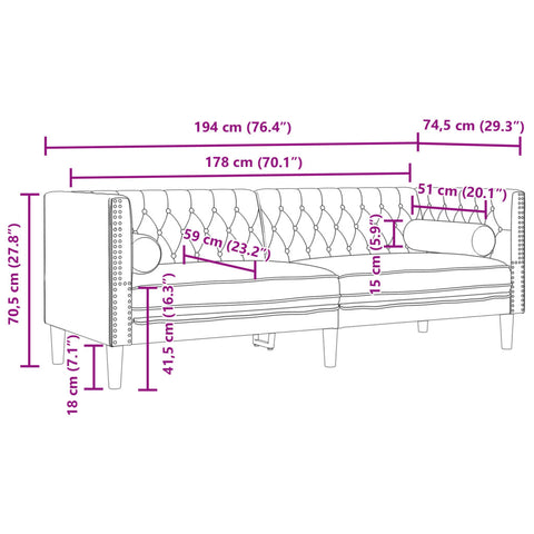 Chesterfield-Sofa mit Nackenrollen 3-Sitzer Dunkelgrau Samt