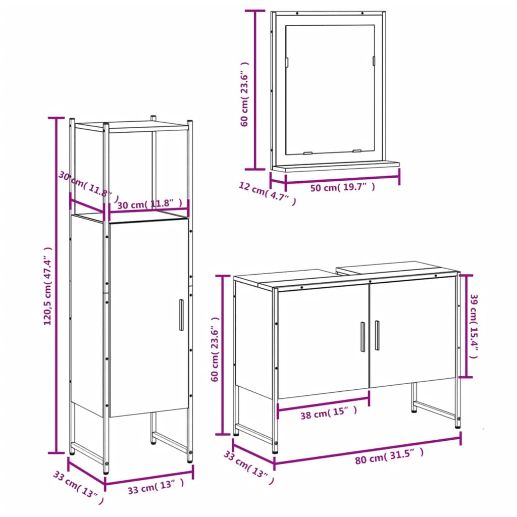 3-tlg. Badmöbel-Set Räuchereiche Holzwerkstoff