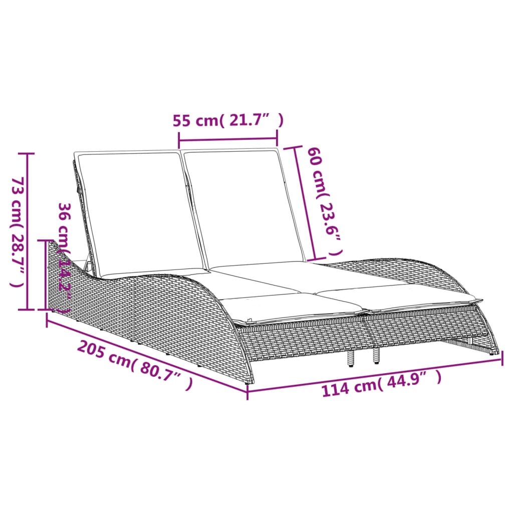 Sonnenliege mit Auflagen Grau 114x205x73 cm Poly Rattan