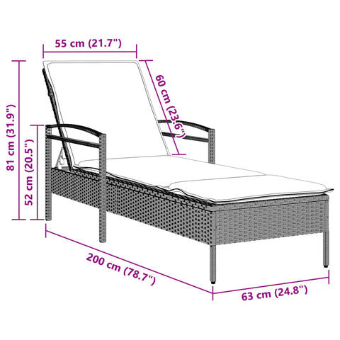 Sonnenliege mit Auflage Hellgrau 63x200x81 cm Poly Rattan