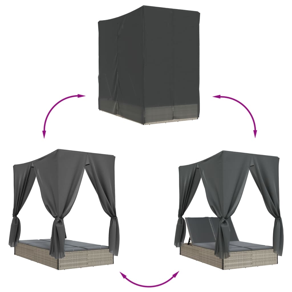 Doppel-Sonnenliege mit Dach und Vorhängen Hellgrau Poly Rattan