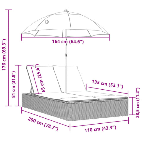 Doppel-Sonnenliege mit Kissen & Sonnenschirm Braun Poly Rattan