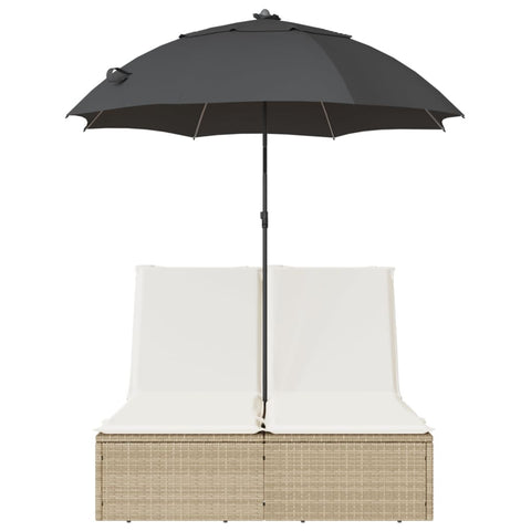 Doppel-Sonnenliege mit Kissen & Sonnenschirm Beige Poly Rattan