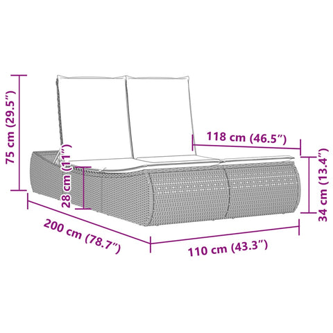 Doppel-Sonnenliege mit Kissen Schwarz Poly Rattan