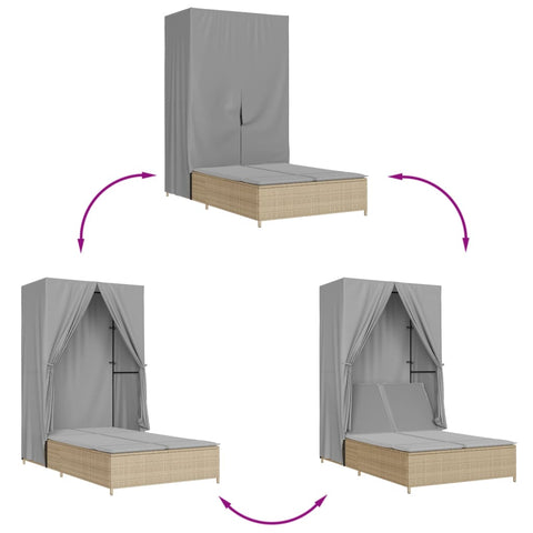 Doppel-Sonnenliege mit Dach und Vorhängen Beige Poly Rattan