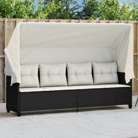 Sonnenliege mit Dach und Kissen Schwarz Poly Rattan