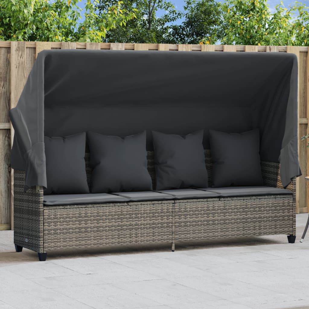 Sonnenliege mit Dach und Kissen Grau Poly Rattan