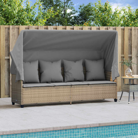 Sonnenliege mit Dach und Kissen Beige Poly Rattan