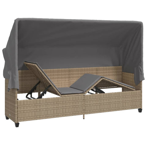 Sonnenliege mit Dach und Kissen Beige Poly Rattan