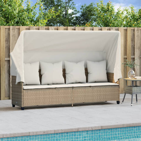 Sonnenliege mit Dach und Kissen Beige Poly Rattan