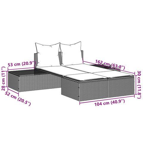 Doppel-Sonnenliege mit Kissen Schwarz Poly Rattan