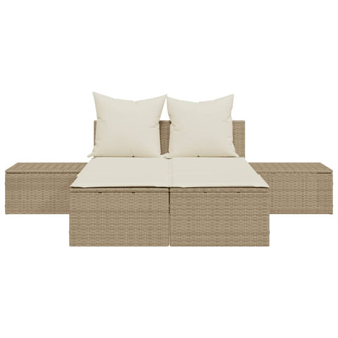 Doppel-Sonnenliege mit Auflagen Beige Poly Rattan