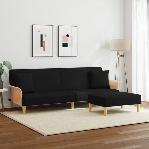 Schlafsofa 2-Sitzer mit Kissen und Fußhocker Schwarz Samt