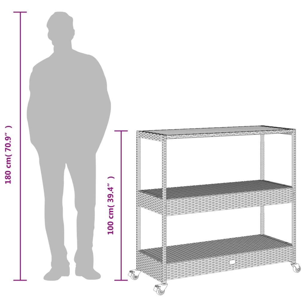 Barwagen 3 Böden Schwarz Poly Rattan und Massivholz Akazie