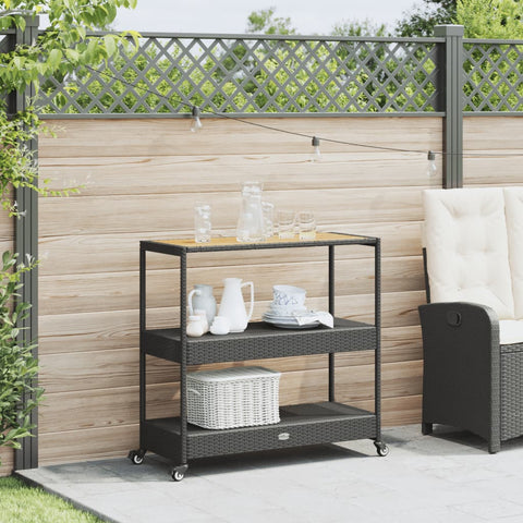 Barwagen 3 Böden Schwarz Poly Rattan und Massivholz Akazie