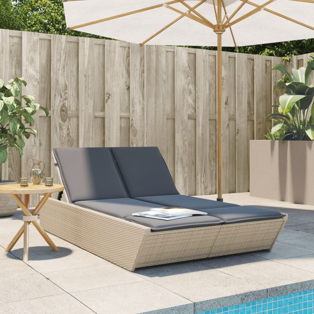 Doppel-Sonnenliege mit Auflagen Beige Poly Rattan