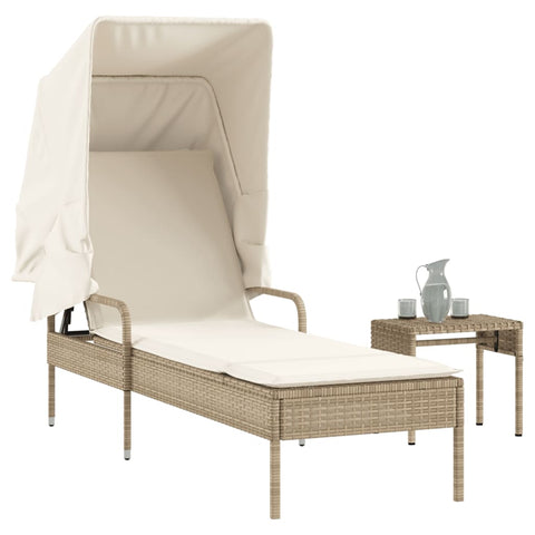 Sonnenliege mit Dach und Tisch Beige Poly Rattan