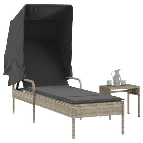 Sonnenliege mit Dach und Tisch Hellgrau Poly Rattan