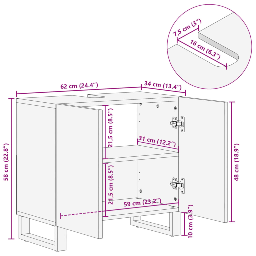 Waschbeckenunterschrank 62x34x58 cm Massivholz Mango