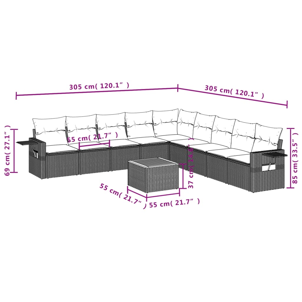 10-tlg. Garten-Sofagarnitur mit Kissen Grau Poly Rattan