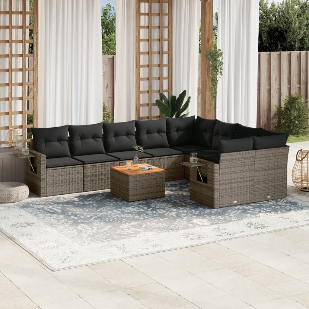 10-tlg. Garten-Sofagarnitur mit Kissen Grau Poly Rattan