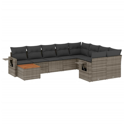 10-tlg. Garten-Sofagarnitur mit Kissen Grau Poly Rattan