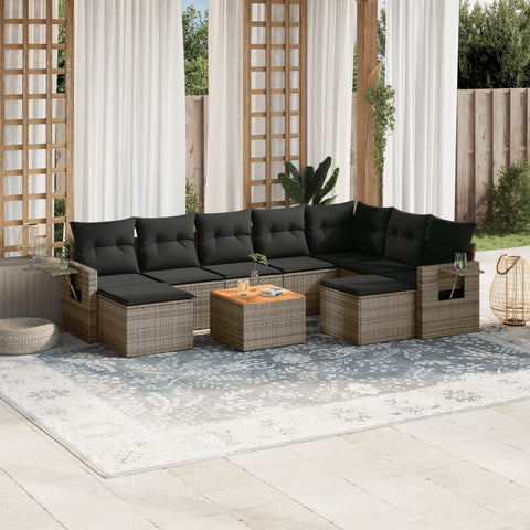 10-tlg. Garten-Sofagarnitur mit Kissen Grau Poly Rattan