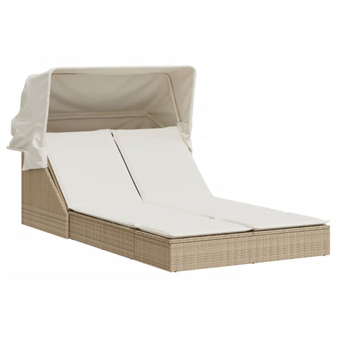 Doppel-Sonnenliege mit Dach und Auflagen Beige Poly Rattan