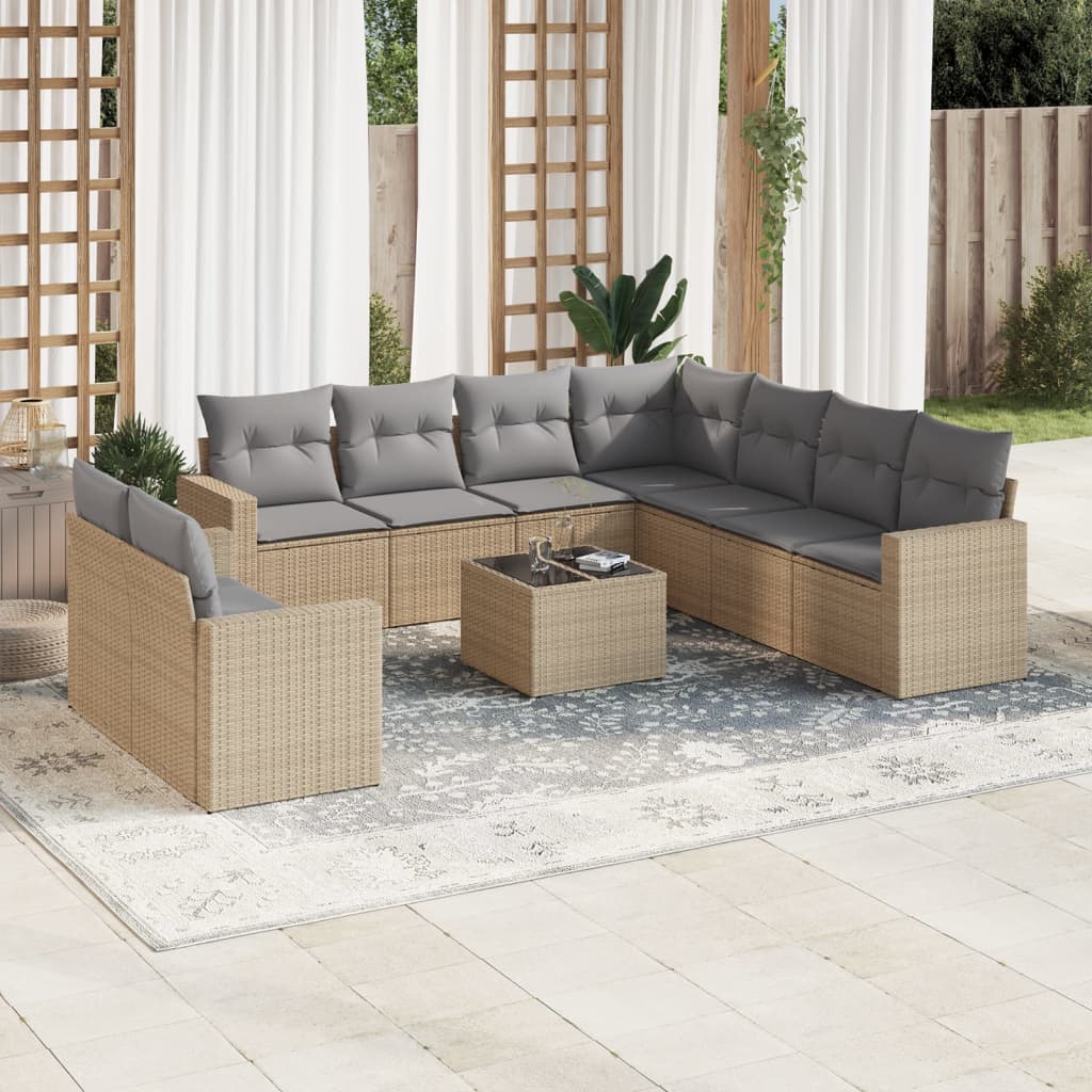 10-tlg. Garten-Sofagarnitur mit Kissen Beige Poly Rattan