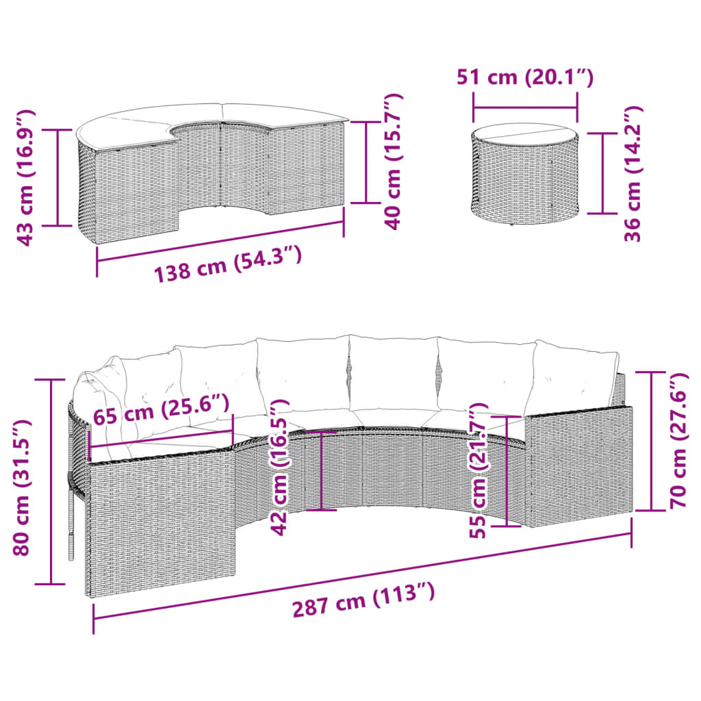 3-tlg. Garten-Sofagarnitur Halbrund Schwarz Poly-Rattan